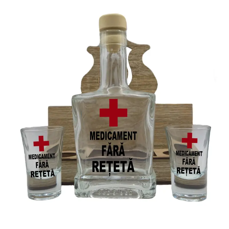 Medicament fara reteta, suport din lemn cu sticla si 2 pahare, model hgs011